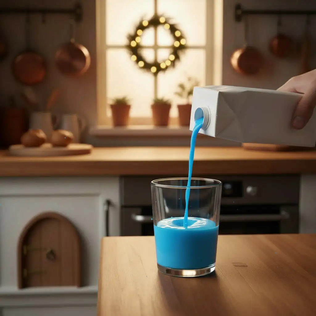 Leuchtend blaue Milch fließt aus einem Karton in ein Glas, im Hintergrund eine Wichteltür in der Küche (KI-generiertes Bild)